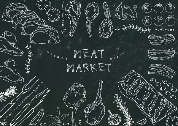 Et pazarı. Et Kesikleri - Biftek, Domuz eti, Kuzu, Biftek, Kemiksiz Kalça, Pirzola Kızartma, Fileto ve Pirzola. Domates, zeytin, dolma biber, soğan, sarımsaklı otlar çatal maşa kara tahta arka plan ve tebeşir.