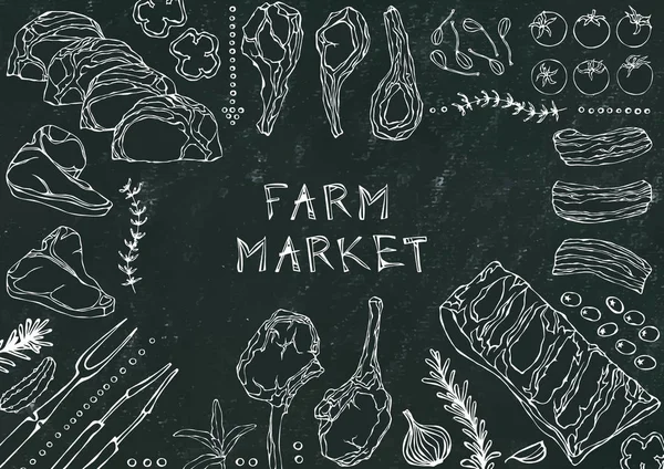 Çiftlik Pazarı. Et Kesikleri - Biftek, Domuz eti, Kuzu, Biftek, Kemiksiz Kalça, Pirzola Kızartma, Fileto ve Pirzola. Domates, zeytin, dolma biber, soğan, sarımsaklı otlar çatal maşa kara tahta arka plan ve tebeşir.