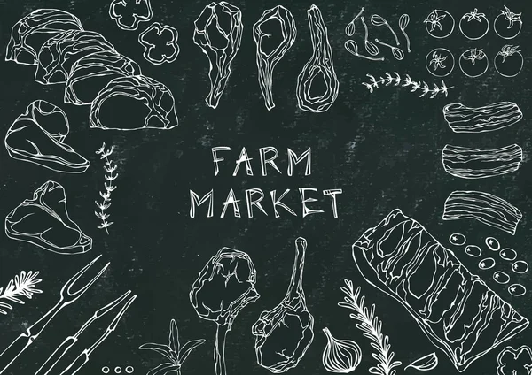 Çiftlik Pazarı. Et Kesikleri - Biftek, Domuz eti, Kuzu, Biftek, Kemiksiz Kalça, Pirzola Kızartma, Fileto ve Pirzola. Domates, zeytin, dolma biber, soğan, sarımsaklı otlar çatal maşa kara tahta arka plan ve tebeşir.