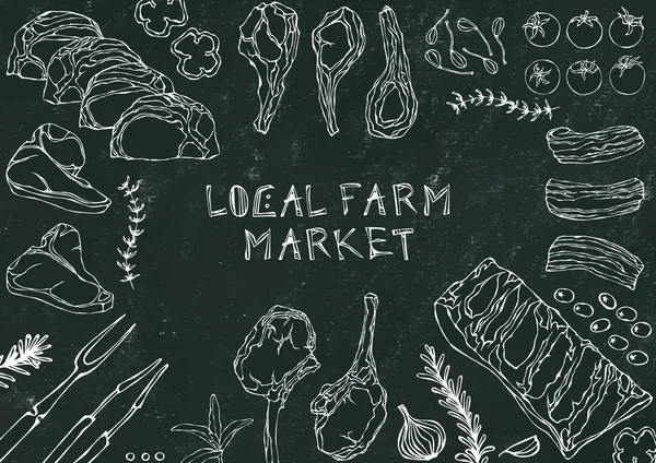 Yerel tarım pazarı. Et Kesikleri - Biftek, Domuz eti, Kuzu, Biftek, Kemiksiz Kalça, Pirzola Kızartma, Fileto ve Pirzola. Domates, zeytin, dolma biber, soğan, sarımsak, otlu çatal maşa kara tahta arka plan ve tebeşir.