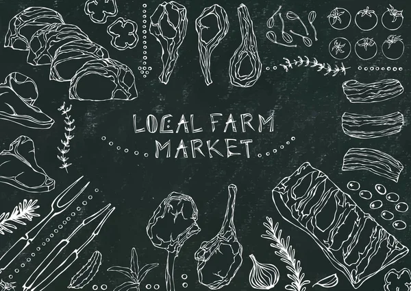 Yerel tarım pazarı. Et Kesikleri - Biftek, Domuz eti, Kuzu, Biftek, Kemiksiz Kalça, Pirzola Kızartma, Fileto ve Pirzola. Domates, zeytin, dolma biber, soğan, sarımsak, otlu çatal maşa kara tahta arka plan ve tebeşir.