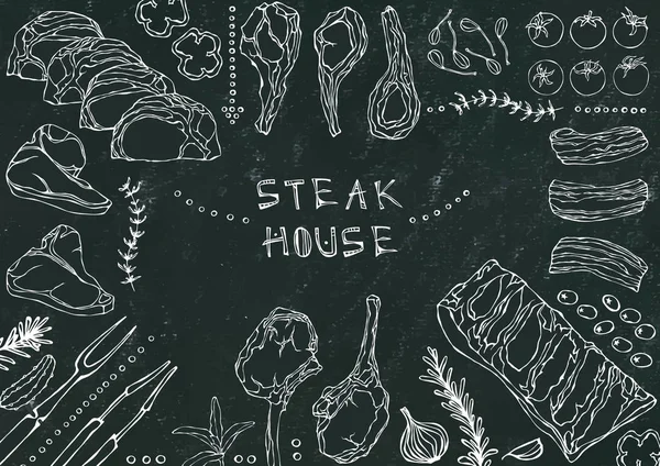 Steak House Cortes Carne Carne Porco Cordeiro Bife Caroço Sem —  Vetores de Stock