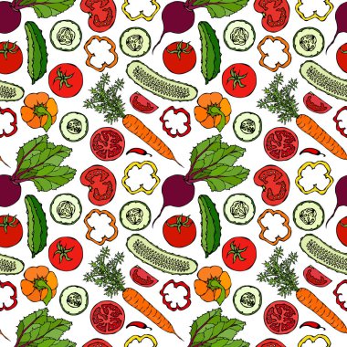 Salatalıklı, kırmızı domatesli, biberli, pancar, havuçlu sebzesiz patern. Taze yeşil salata. Sağlıklı vejetaryen yemekleri. El Çizimi İllüstrasyonu. Doodle Biçimi