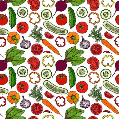 Salatalıklı, Kırmızı Domatesli, Biberli, Pancar, Havuç, Soğanlı Sebzesiz Kalıp. Taze yeşil salata. Sağlıklı vejetaryen yemekleri. El Çizimi İllüstrasyonu. Doodle Biçimi