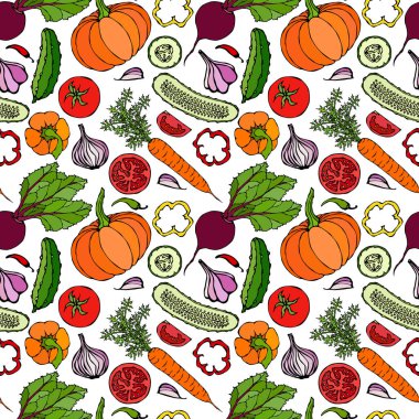 Sebzesiz, salatalıklı, kırmızı domatesli, dolma biberli, pancar, havuç, soğan, sarımsak, biberli, kabaklı. Taze yeşil salata. Sağlıklı vejetaryen yemekleri. El Çizimi İllüstrasyonu. Doodle Biçimi