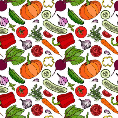 Sebzesiz, salatalıklı, kırmızı domatesli, dolma biberli, pancar, havuç, soğan, sarımsak, biberli, kabaklı. Taze yeşil salata. Sağlıklı vejetaryen yemekleri. El Çizimi İllüstrasyonu. Doodle Biçimi