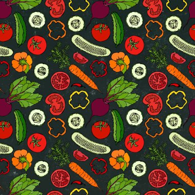 Salatalıklı, kırmızı domatesli, biberli, pancar, havuçlu sebzesiz patern. Taze yeşil salata. Sağlıklı vejetaryen yemekleri. El Çizimi İllüstrasyonu. Doodle stili. Siyah Tahta Arkaplan ve Tebeşir