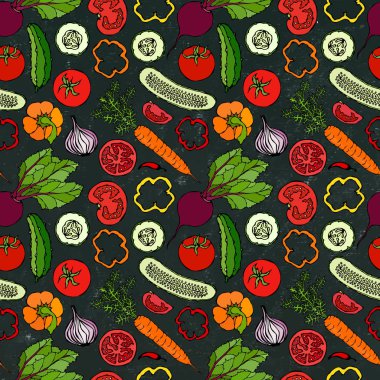 Salatalıklı, Kırmızı Domatesli, Biberli, Pancar, Havuç, Soğanlı Sebzesiz Kalıp. Taze yeşil salata. Vejetaryen yemeği. El Çizimi İllüstrasyonu. Doodle stili. Siyah Tahta Arkaplan ve Tebeşir