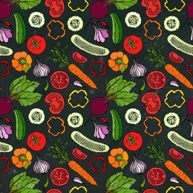 Sebzesiz, salatalıklı, kırmızı domatesli, dolma biberli, pancar, havuç, soğan, sarımsak, biberli. Taze yeşil salata. El Çizimi İllüstrasyonu. Doodle stili. Siyah Tahta Arkaplan ve Tebeşir.