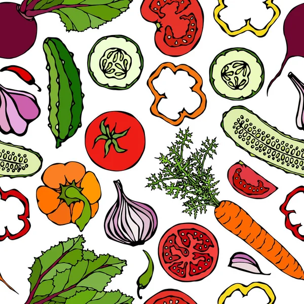 Vegetable Seamless Pattern Cucumbers Red Tomatoes Bell Pepper Beet Carrot — 스톡 벡터