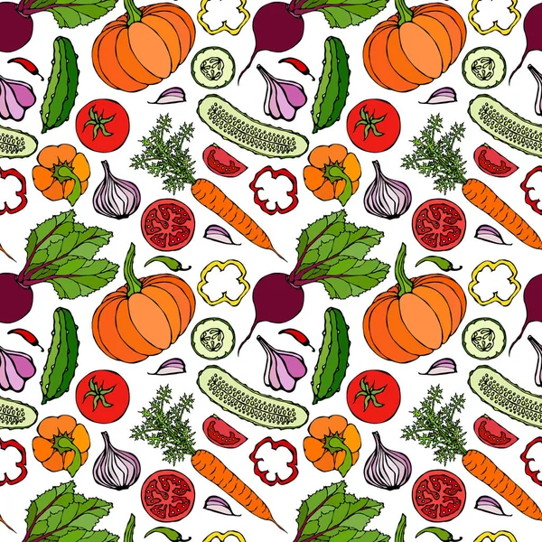 Sebzesiz, salatalıklı, kırmızı domatesli, dolma biberli, pancar, havuç, soğan, sarımsak, biberli, kabaklı. Taze yeşil salata. Sağlıklı vejetaryen yemekleri. El Çizimi İllüstrasyonu. Doodle Biçimi