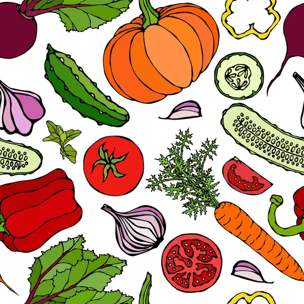 采购产品蔬菜无缝图案与黄瓜 红辣椒 胡萝卜 新鲜绿色沙拉 健康素食 手绘图解 涂鸦风格 — 图库矢量图片