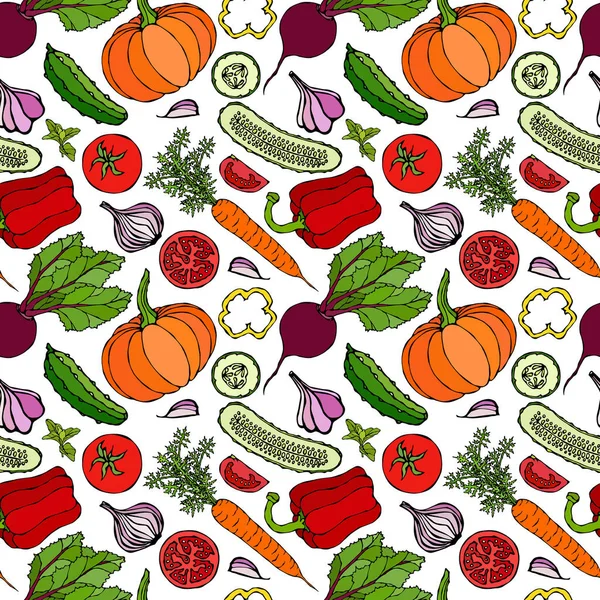 Sebzesiz, salatalıklı, kırmızı domatesli, dolma biberli, pancar, havuç, soğan, sarımsak, biberli, kabaklı. Taze yeşil salata. Sağlıklı vejetaryen yemekleri. El Çizimi İllüstrasyonu. Doodle Biçimi