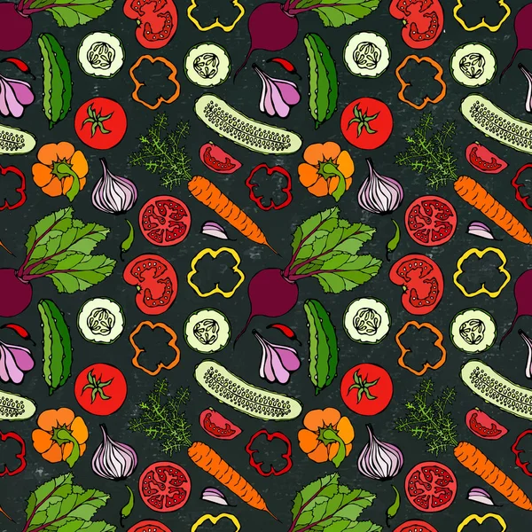 Sebzesiz, salatalıklı, kırmızı domatesli, dolma biberli, pancar, havuç, soğan, sarımsak, biberli. Taze yeşil salata. El Çizimi İllüstrasyonu. Doodle stili. Siyah Tahta Arkaplan ve Tebeşir.