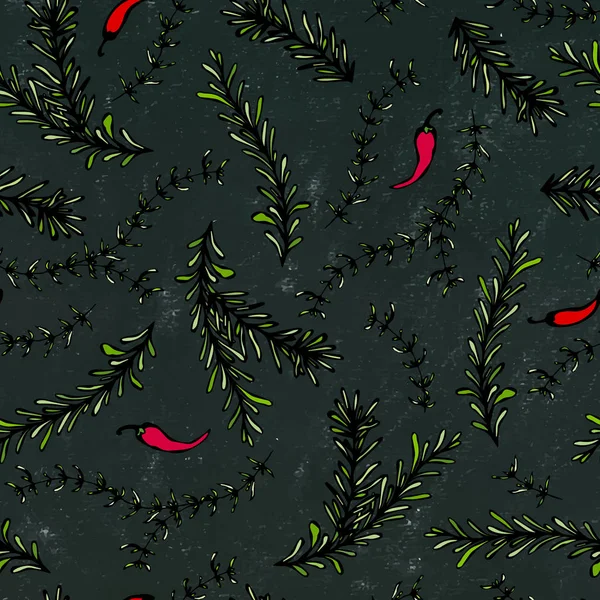 Pimenta Chilli Rosemary Thyme Seamless Endless Vector Background Ervas Verdes —  Vetores de Stock