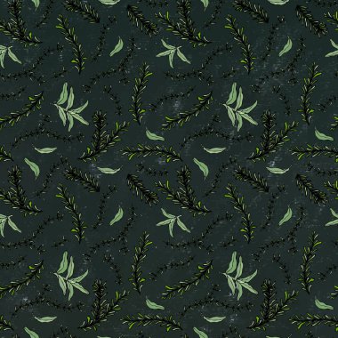 Biberiye Şubesi ve Adaçayı 'nın kusursuz sonsuz deseni. Aromatic Healing Herb 'ün geçmişi. Biftek Baharatı. El Çizimi İllüstrasyonu. Savoyar Doodle Tarzı. Siyah Tahta Arkaplan ve Tebeşir