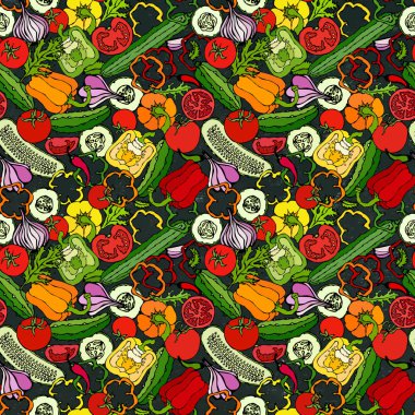Sebzesiz, salatalıklı, kırmızı domatesli, dolma biberli, pancar, havuç, soğan, sarımsak, biberli. Taze yeşil salata. El Çizimi İllüstrasyonu. Doodle stili. Siyah Tahta Arkaplan ve Tebeşir