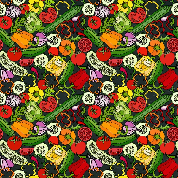 Sebzesiz, salatalıklı, kırmızı domatesli, dolma biberli, pancar, havuç, soğan, sarımsak, biberli. Taze yeşil salata. El Çizimi İllüstrasyonu. Doodle stili. Siyah Tahta Arkaplan ve Tebeşir