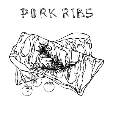 Rosemary Herb ve Domatesli Domuz Pirzolası. Et Rehberi Kasap Dükkanı veya Et Lokantası Menüsü. El Çizimi İllüstrasyonu. Doodle Biçimi