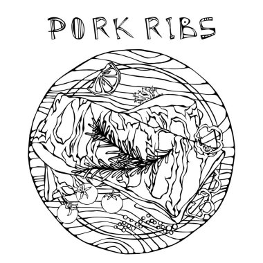 Rosemary Herb, Pepper, Lemon, Bell Pepper ve Domates ile domuz pirzolası. Yuvarlak Tahta Kesme Kurulunda. Et Rehberi Kasap Dükkanı veya Et Lokantası Menüsü. El Çizimi İllüstrasyonu. Doodle Biçimi