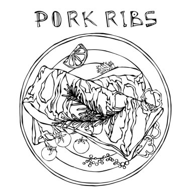 Rosemary Herb, Pepper, Lemon, Bell Pepper ve Domates ile domuz pirzolası. Yuvarlak bir tabakta. Et Rehberi Kasap Dükkanı veya Et Lokantası Menüsü. El Çizimi İllüstrasyonu. Doodle Biçimi