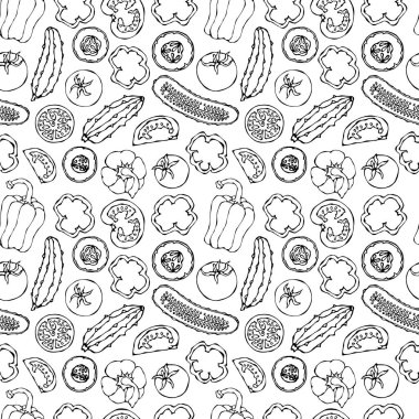 Mini salatalıklı, kırmızı domatesli, dolma biberli ve domatesli. Taze Yeşil Sebze Salatası. Sağlıklı vejetaryen mutfağı. El Çizimi İllüstrasyonu. Doodle Biçimi