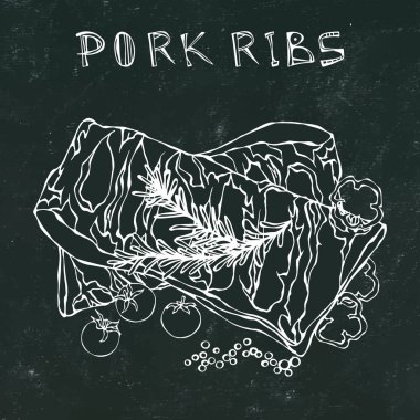 Rosemary Herb, Pepper, Bell Pepper ve Domates ile domuz pirzolası. Et Rehberi Kasap Dükkanı veya Et Lokantası Menüsü. El Çizimi İllüstrasyonu. Doodle stili. Siyah Tahta Arkaplan ve Tebeşir