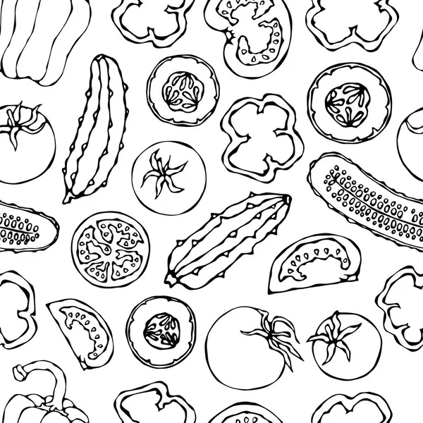 Vector Seamless Pattern Mini Cucumbers Red Tomatoes Bell Pepper Tomato — 스톡 벡터