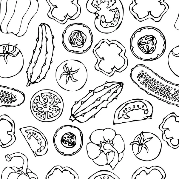 Vector Seamless Pattern Mini Cucumbers Red Tomatoes Bell Pepper Tomato — 스톡 벡터