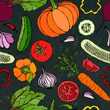 Sebzesiz, salatalıklı, kırmızı domatesli, dolma biberli, pancar, havuç, soğan, sarımsak, biberli, kabaklı. FoodHand Çizim Çizimi. Doodle stili. Siyah Tahta Arkaplan ve Tebeşir.