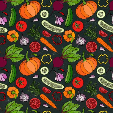 Sebzesiz, salatalıklı, kırmızı domatesli, dolma biberli, pancar, havuç, soğan, sarımsak, biberli, kabaklı. FoodHand Çizim Çizimi. Doodle Stili Kara Tahta Arkaplan ve Tebeşir