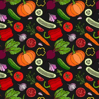 Sebzesiz, salatalıklı, kırmızı domatesli, dolma biberli, pancar, havuç, soğan, sarımsak, biberli, kabaklı. FoodHand Çizim Çizimi. Doodle Stili Kara Tahta Arkaplan ve Tebeşir