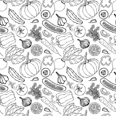 Sebzesiz, salatalıklı, kırmızı domatesli, dolma biberli, pancar, havuç, soğan, sarımsak, biberli, kabaklı. Taze yeşil salata. Sağlıklı vejetaryen yemekleri. El Çizimi İllüstrasyonu. Doodle Biçimi