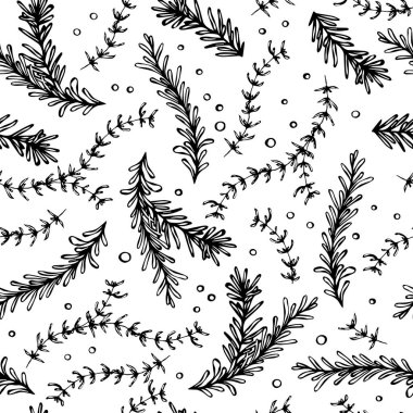 Pepper, Rosemary ve Thyme Dipsiz Sonsuz Vektör Geçmişi. Et, biftek ya da deniz ürünleri pişirmek için taze yeşil otlar. El Çizimi İllüstrasyonu. Doodle Biçimi