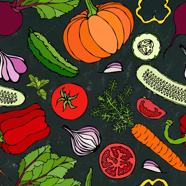 采购产品蔬菜无缝图案与黄瓜 红辣椒 胡萝卜 食品手绘图解 涂鸦风格的黑板背景和粉笔 — 图库矢量图片