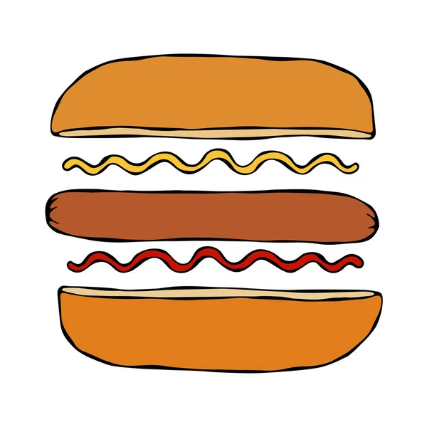Hotdog Bun Sausage Ketchup Mustard Fast Food Collection Hand Drawn — Stock Vector