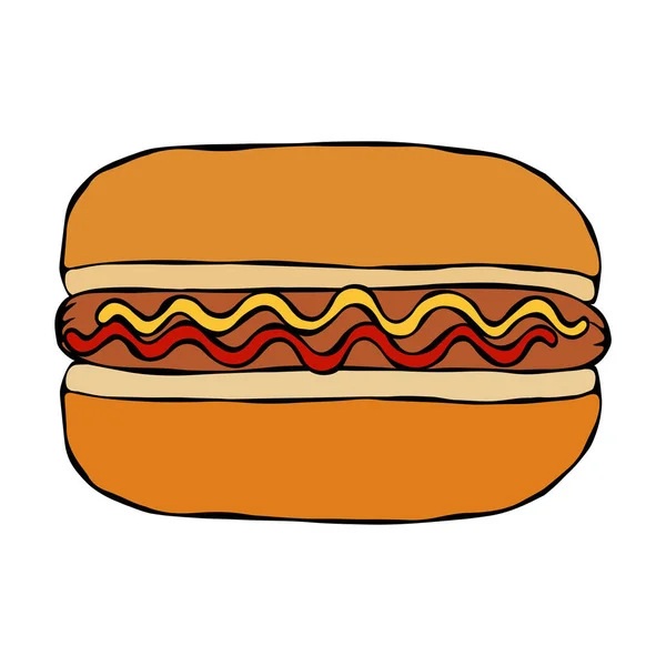 Hotdog. Bun, Sausage, Ketchup, Mustard. Fast Food Collection. Hand Drawn High Quality Traced Vector Illustration. Doodle Style. — Stock Vector