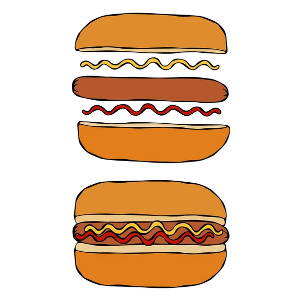 Perro caliente. Pan, salchicha, ketchup, mostaza. Colección de comida rápida. Ilustración vectorial trazada a mano de alta calidad. Estilo Doodle . — Vector de stock