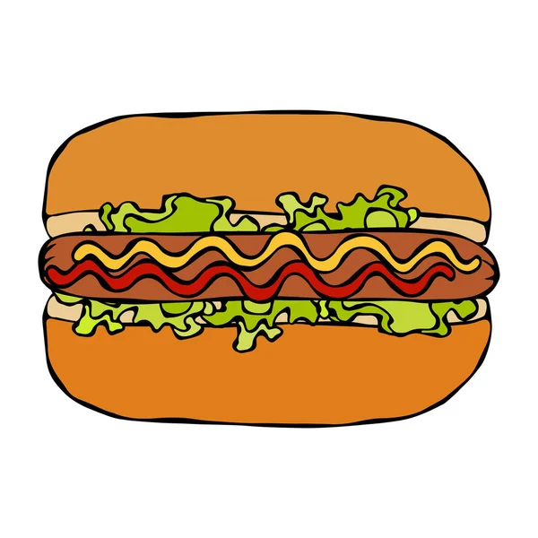 Hotdog. Bun, Sausage, Ketchup, Mustard, Salad Leave Herbs. Fast Food Collection. Hand Drawn High Quality Traced Vector Illustration. Doodle Style. — Stock Vector