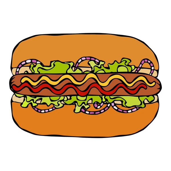 Hotdog. Bun, Sausage, Ketchup, Mustard, Salad Leave Herbs, Red Onion. Fast Food Collection. Hand Drawn High Quality Traced Vector Illustration. Doodle Style. — Stock Vector