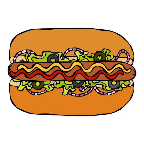 Hotdog. Broodje worst, Ketchup, mosterd, salade verlof kruiden, rode ui, olijven. Fast Food-collectie. Hoge kwaliteit hand getrokken getraceerd vectorillustratie. Doodle stijl. — Stockvector