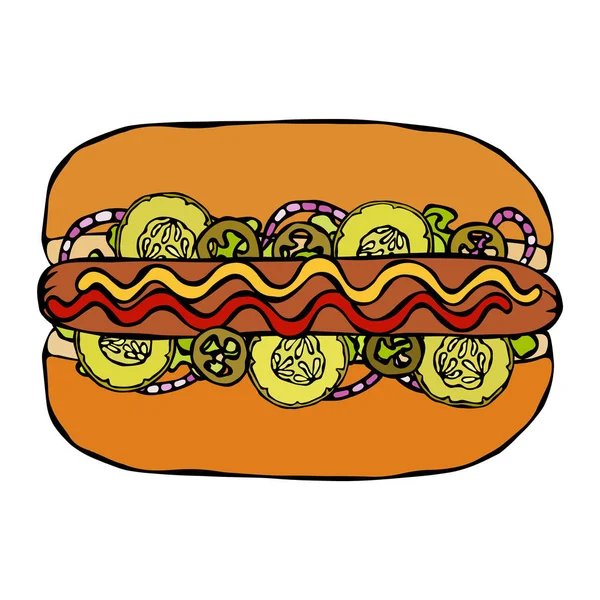 Hotdog. Bun, Sausage, Ketchup, Mustard, Salad Leave Herbs, Red Onion, Jalapeno Pepper, Pickles, Cucumber. Fast Food Collection. Hand Drawn High Quality Vector Illustration. Doodle Style. — Stock Vector