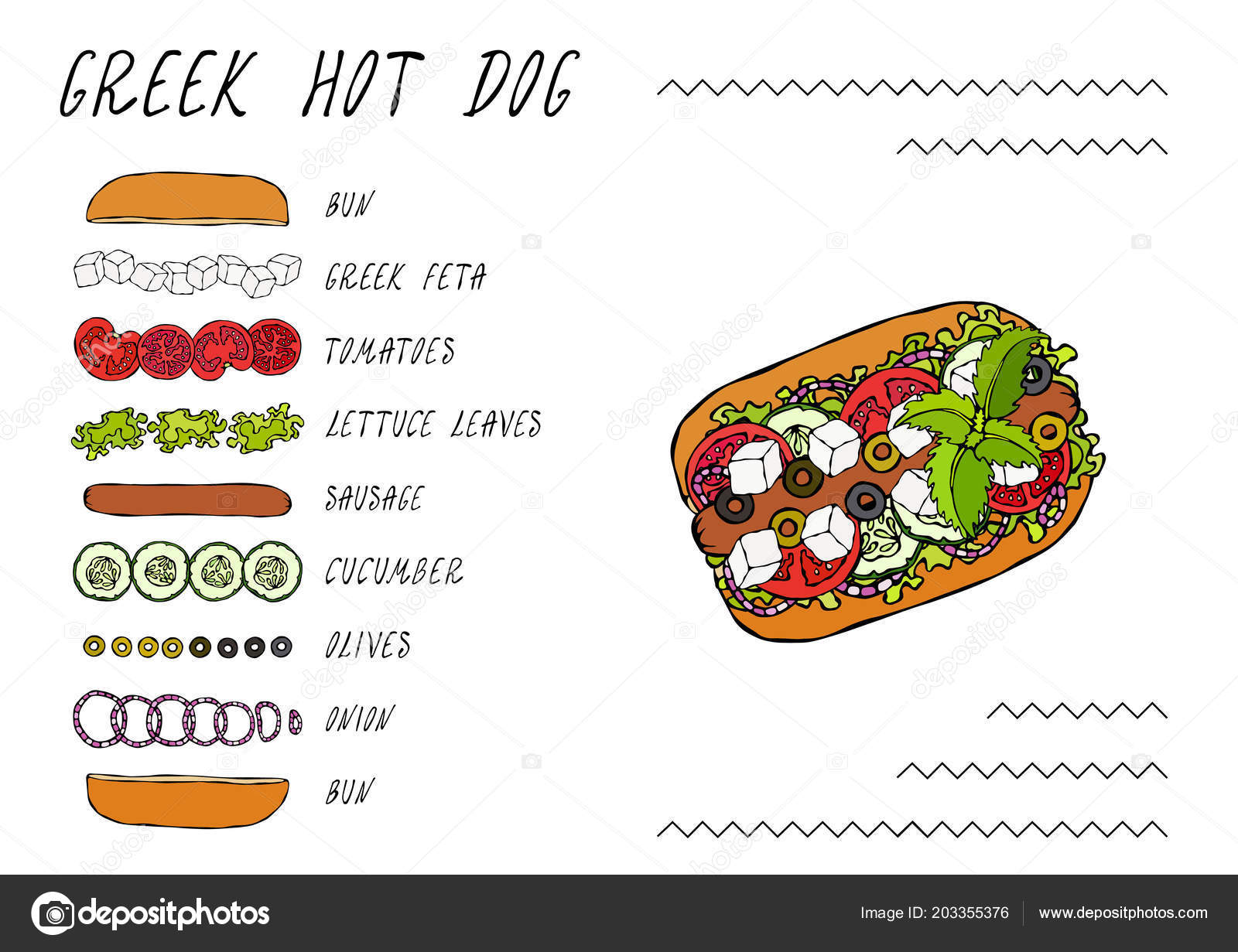 Greek Hot Dog Ingredients Constructor. Feta Cheese, Basil. Olives