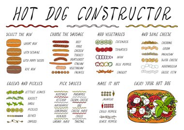 Hot Dog Malzeme İnşaatçısı. Sosis, çörek, sebze, peynir, salata yaprağı, sos, biber. Fast Food Koleksiyonu. Gerçekçi El Çizimi Yüksek Kaliteli Vektör İllüzyonu. Doodle Biçimi.
