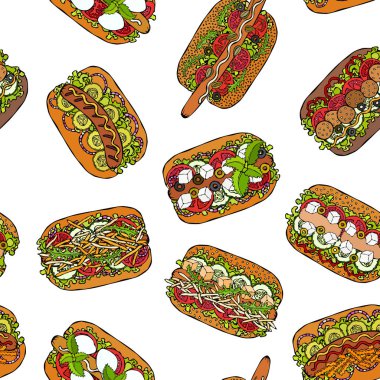 Hot Dog Sonu Olmayan Şablon. Bir sürü malzeme. Restoran ya da Cafe Menü Arkaplanı. Fast Food Koleksiyonu. Gerçekçi El Çizimi Yüksek Kaliteli Vektör İllüzyonu. Doodle Biçimi.