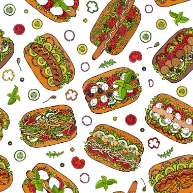 Hot Dog Sonu Olmayan Şablon. Bir sürü malzeme. Restoran ya da Cafe Menü Arkaplanı. Fast Food Koleksiyonu. Gerçekçi El Çizimi Yüksek Kaliteli Vektör İllüzyonu. Doodle Biçimi.