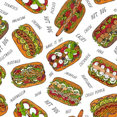 Hot Dog ve Lettering Lezzetsiz Sonsuz Desen. Bir sürü malzeme. Restoran ya da Cafe Menü Arkaplanı. Sokak Fast Food Koleksiyonu. Gerçekçi El Çizimi Yüksek Kaliteli Vektör İllüzyonu. Doodle Biçimi