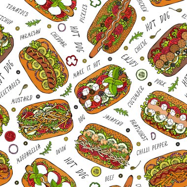 Hot Dog ve Lettering Lezzetsiz Sonsuz Desen. Bir sürü malzeme. Restoran ya da Cafe Menü Arkaplanı. Sokak Fast Food Koleksiyonu. Gerçekçi El Çizimi Yüksek Kaliteli Vektör İllüzyonu. Doodle Biçimi