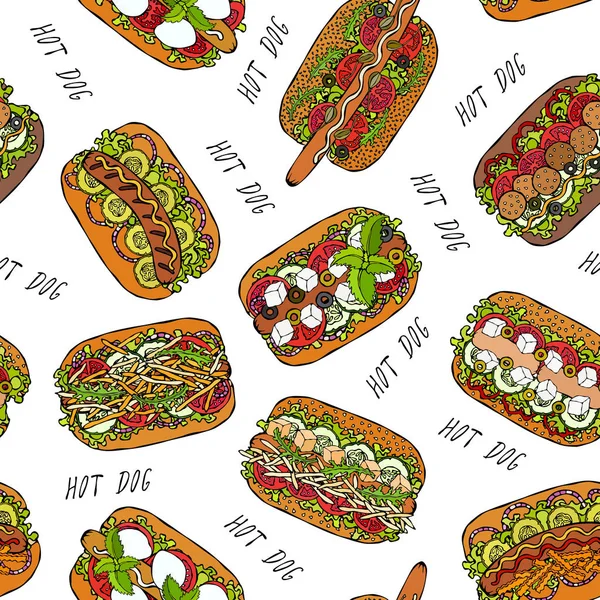 Hot Dog Belettering Naadloos Eindeloos Patroon Veel Ingrediënten Restaurant Cafe — Stockvector