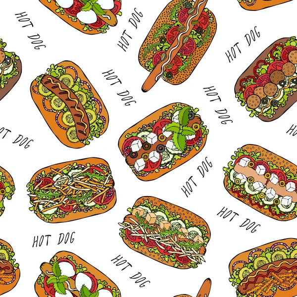 Hot Dog ve Lettering Lezzetsiz Sonsuz Desen. Bir sürü malzeme. Restoran ya da Cafe Menü Arkaplanı. Sokak Fast Food Koleksiyonu. Gerçekçi El Çizimi Yüksek Kaliteli Vektör İllüzyonu. Doodle Biçimi